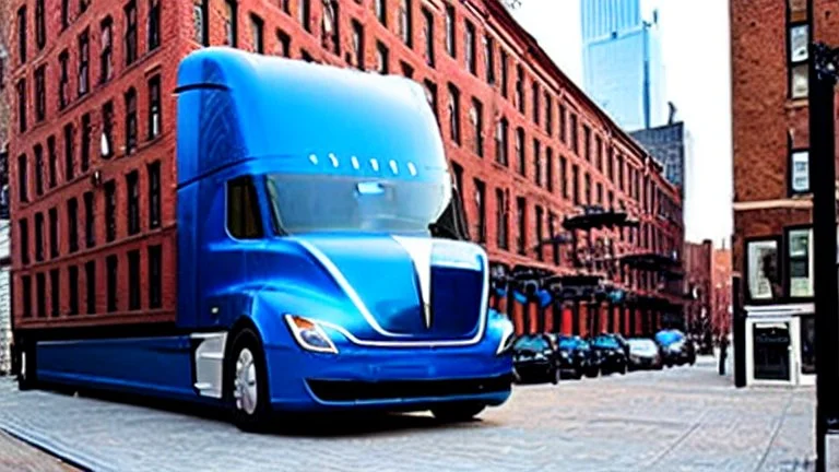 A Tesla semi-truck is parked, on the South Street Seaport, in New York. CINEMATIC. WIDE ANGLE LENS. PHOTO REAL.