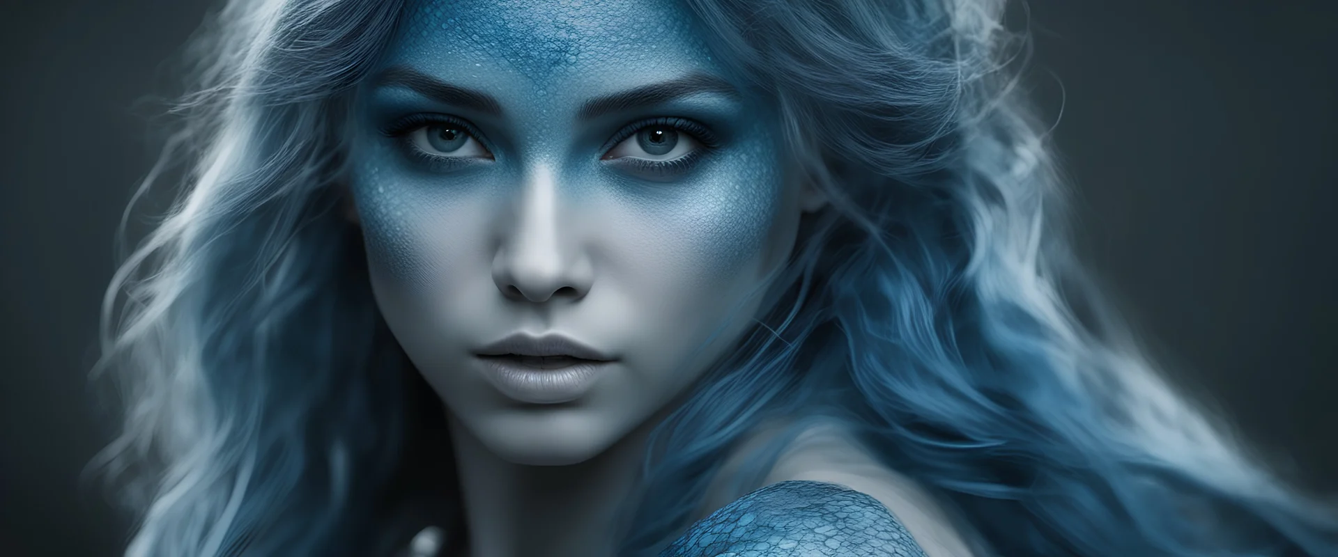 Photoreal gorgeous blue scaled skin blue skin mermaid triton blue scaled skin warrior woman blue scaled skin blue skin woman with blue scaled skin blue skin blue as blue emerging from the shadows in the darkness by lee jeffries, otherworldly creature, in the style of fantasy movies, photorealistic, bokeh masterpiece smooth shading, ultra detailed, high resolution, cinematic, unreal 6, subtle shadows, octane render, 8k, cinema 4d, HDR, dust effect, vivid colors