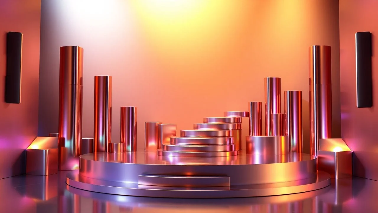 a 3d recursive stage structre made of metallic color 3d structures, pertty artistc background