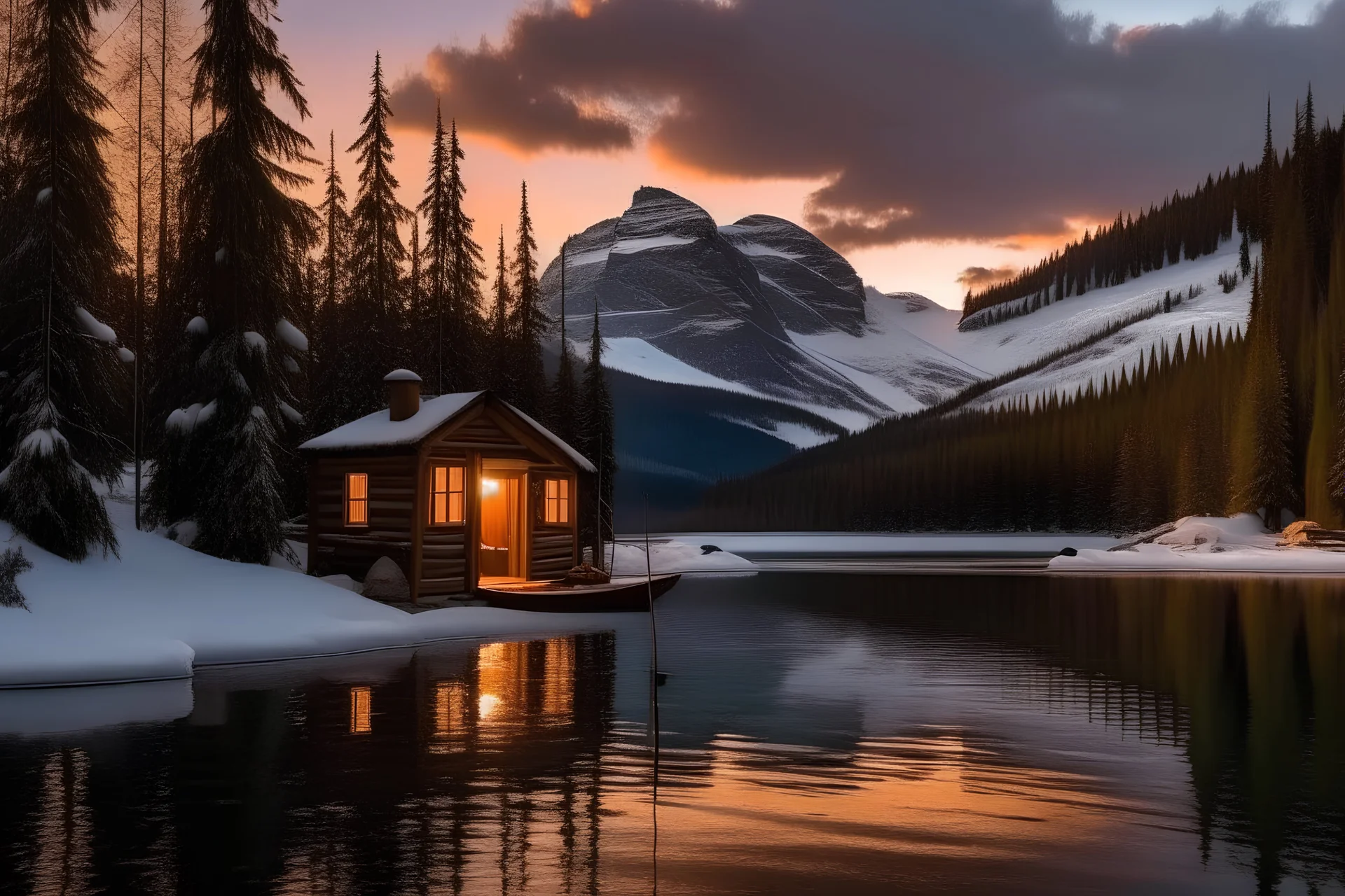 vista lateral de atardecer, una cabaña pequeña con luces encendidas, rodeada de montañas nevadas, pinos, un lago con una canoa y dos personas pescando, alto contrate,