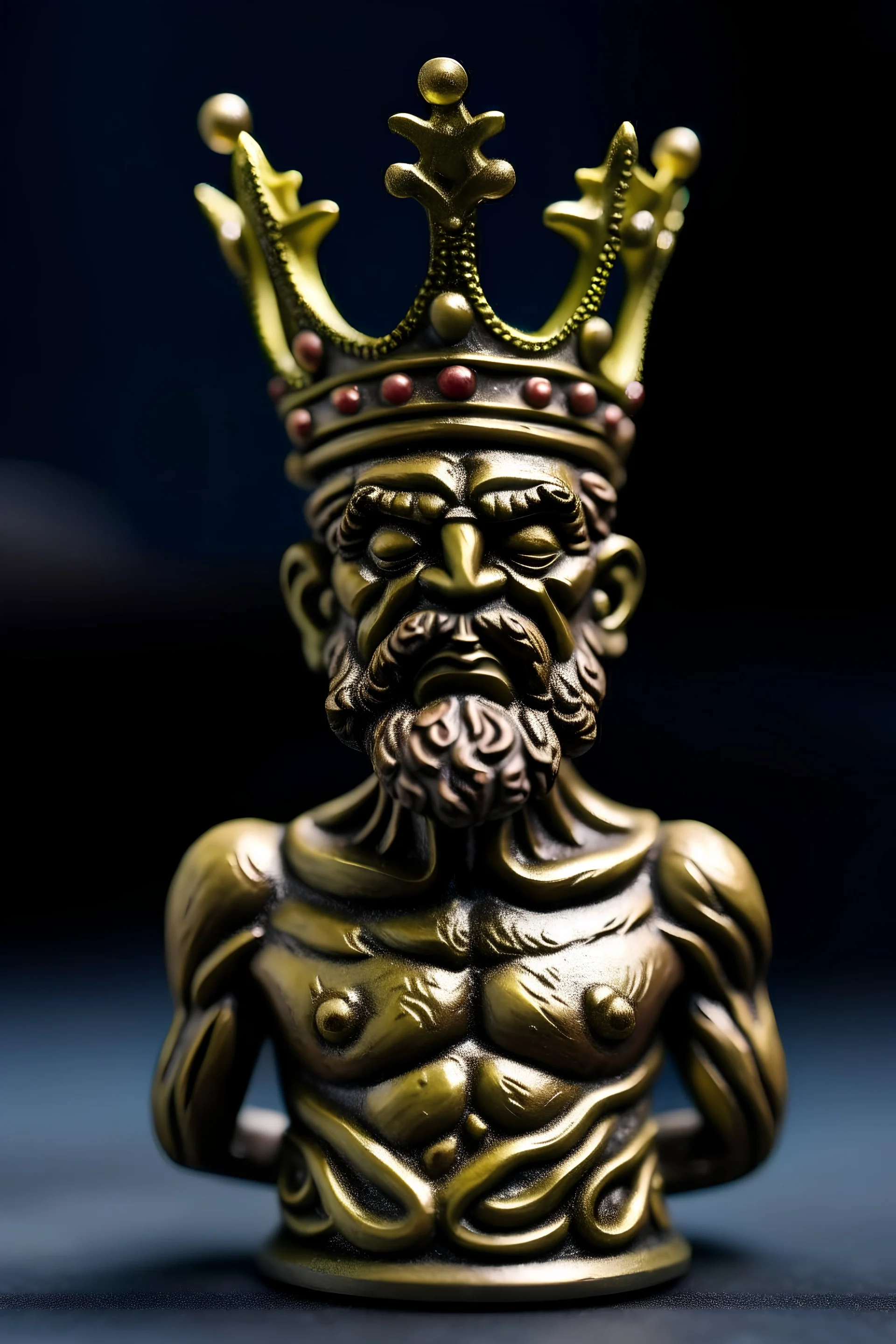 naked king (torso) with a crown. we see the king from behind and a little bit from the side so we can't really see his face