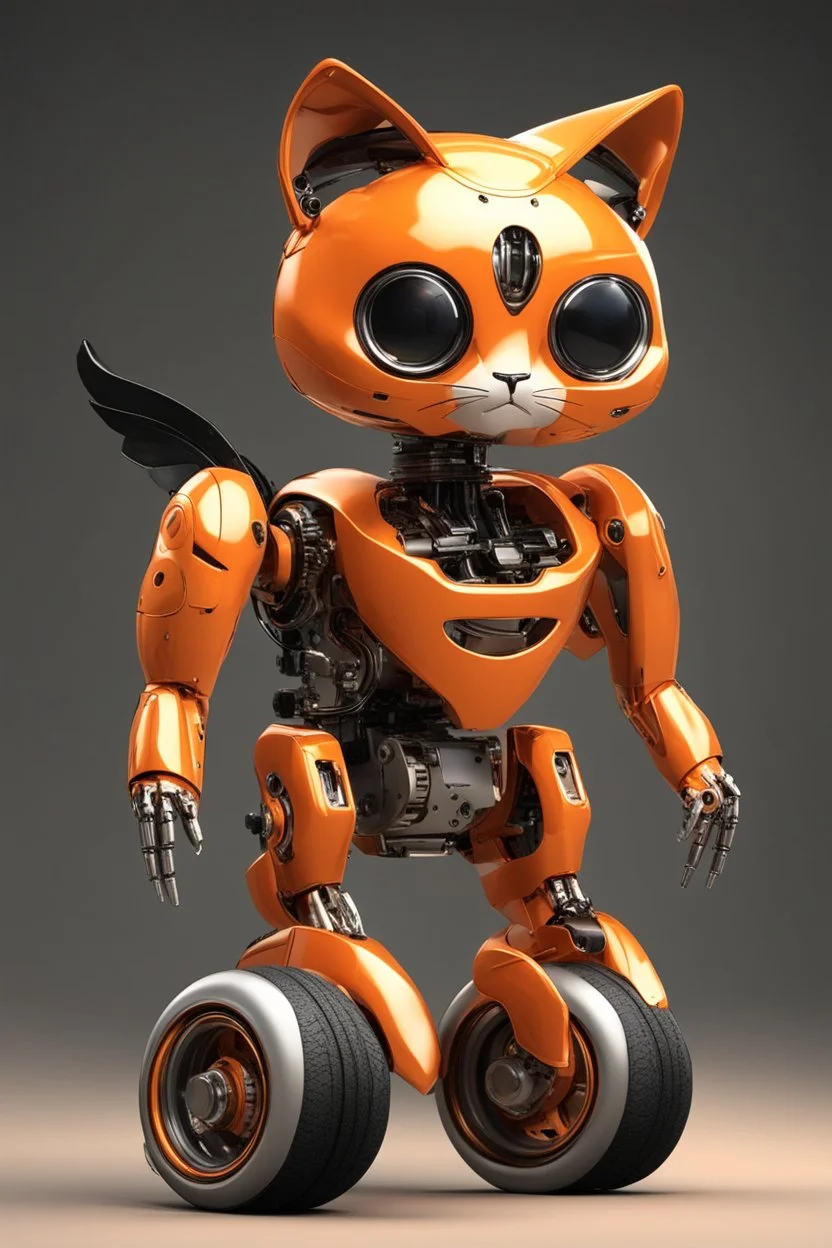 little cat robot orange with wheels and wings of steel