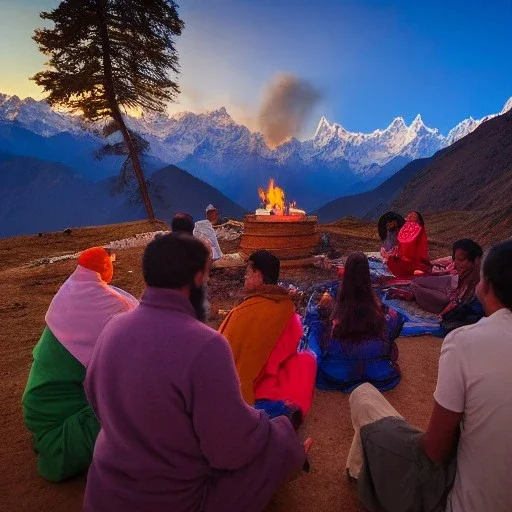 mystical indian guru teaching his group of disciple in adoration in himalaya, around a fire at sunset