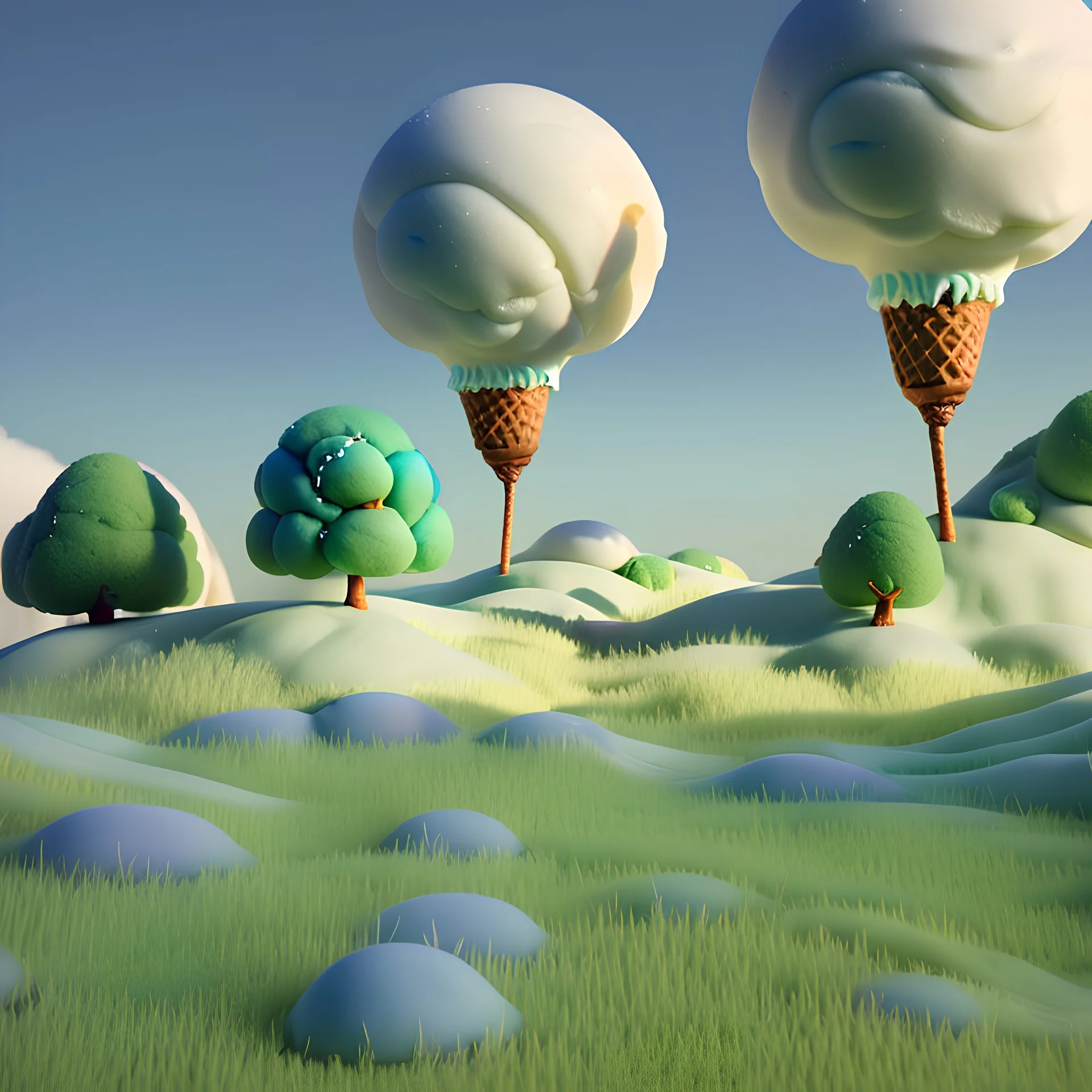 detailed peaceful landscape made of cake frosting, cotton candy, ice cream, strong texture, extreme detail, octane render