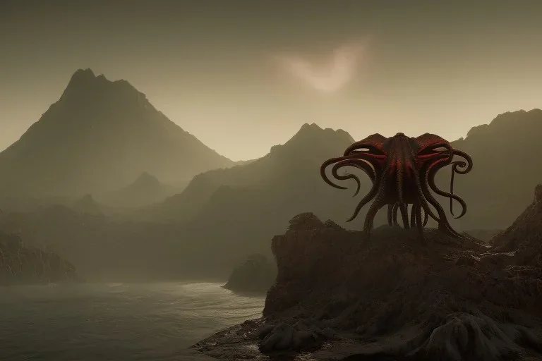 Cthulhu rising, dark, ocean, mist, mountains in background