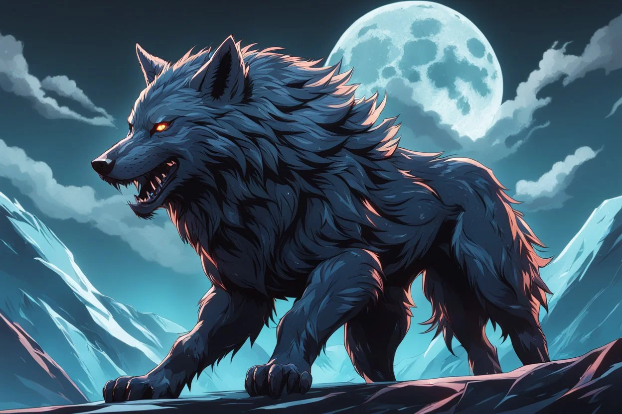 Moon wolf beast in 8k solo leveling shadow artstyle, ice venom them, neon effect, full body, ice, intricate details, highly detailed, high details, detailed portrait, masterpiece,ultra detailed, ultra quality