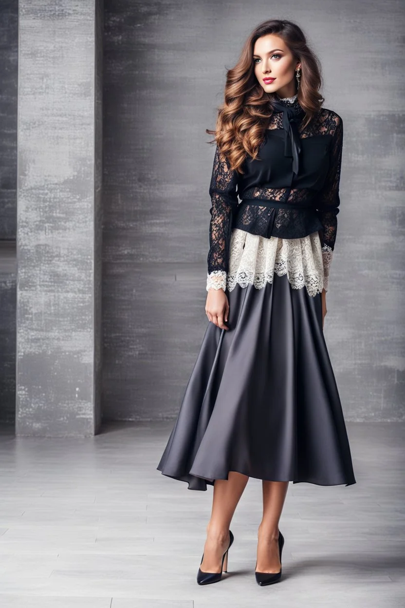 full body of very beautiful girl midi skirt and blouse , curvy hair with small cap and lace scarf ,standing idle happy pose in studio pretty makeup