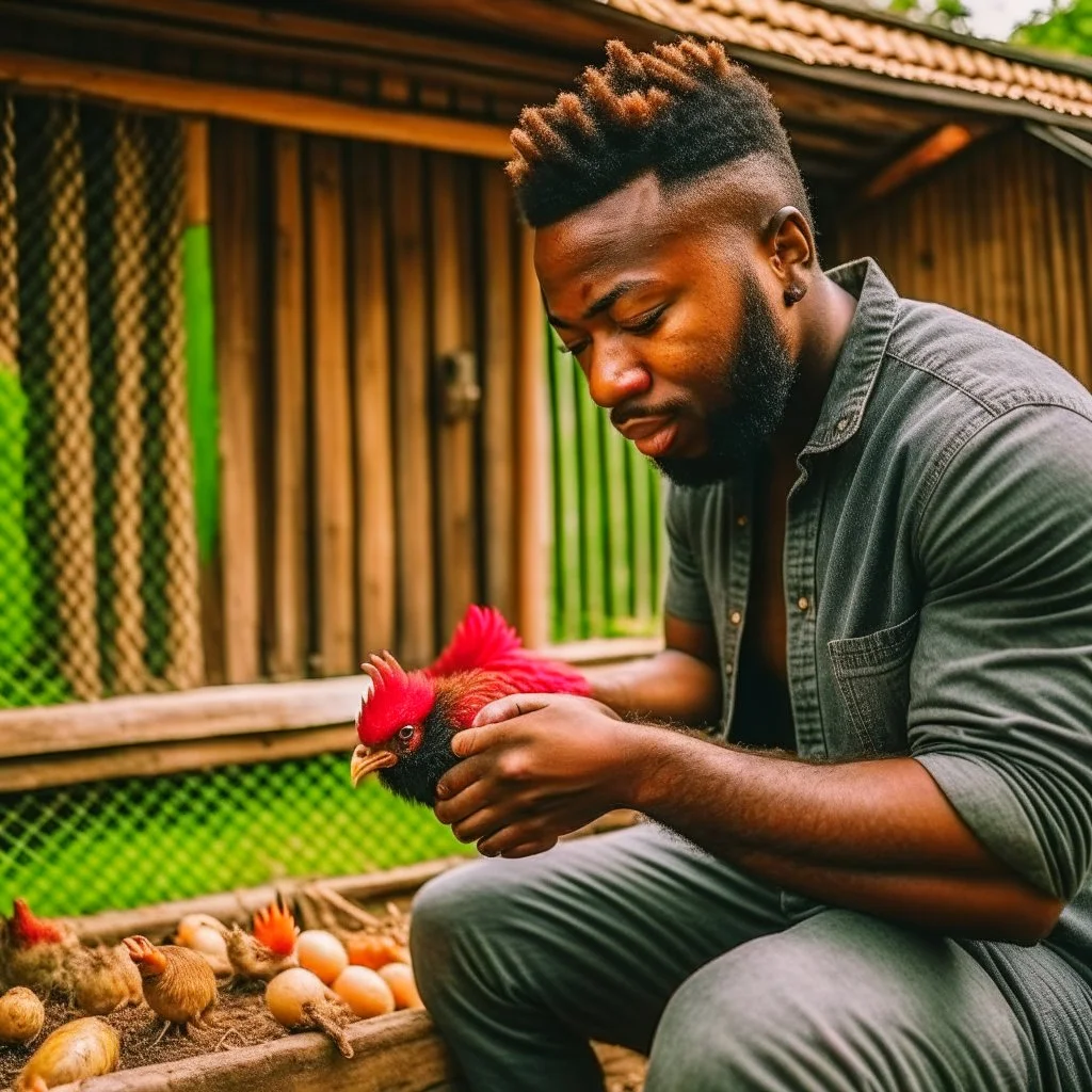 black man feeding free range chicken in a coop real hd image