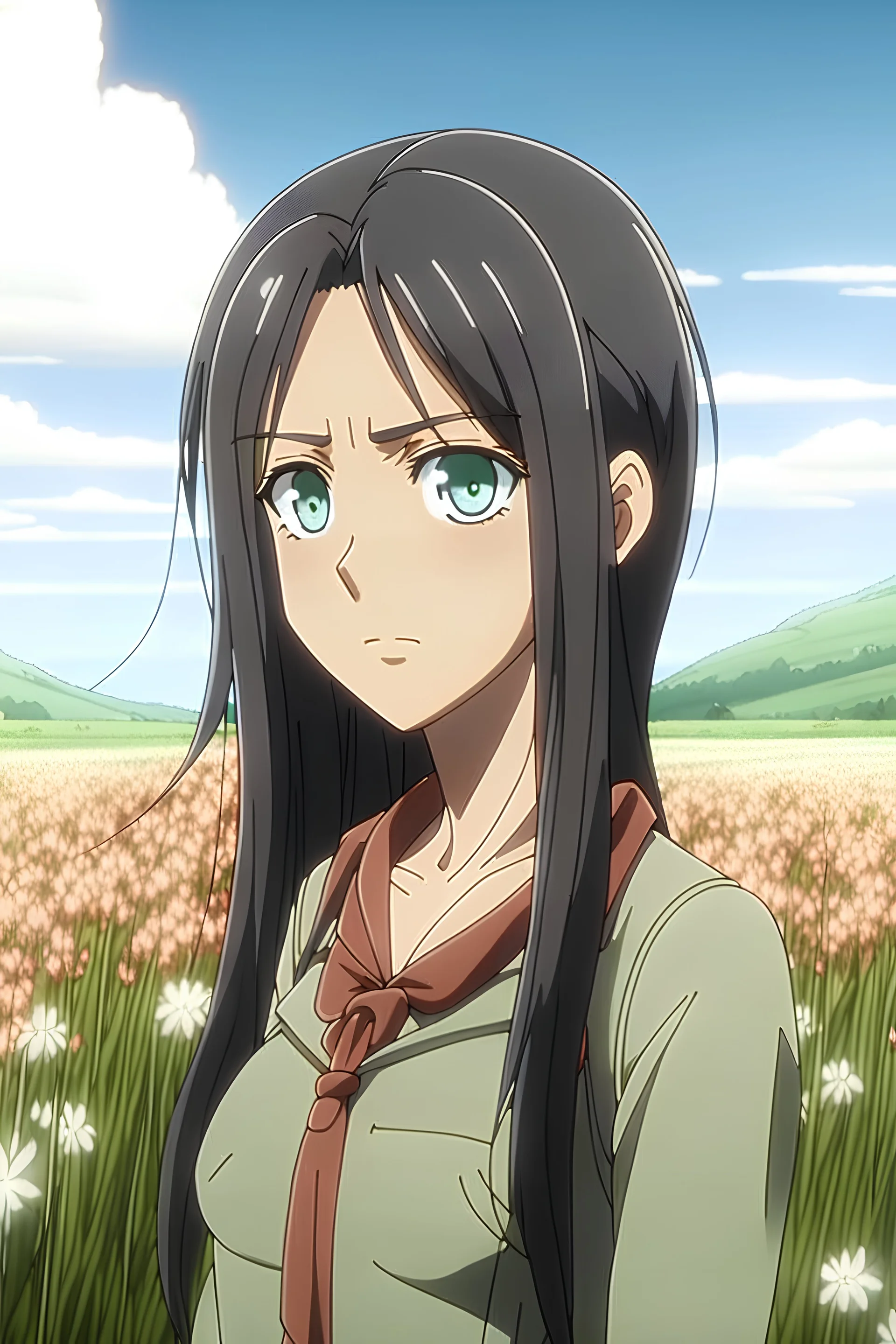 Attack on Titan screencap of a female with long, black hair, black eyes and a sweet, innocent face. Beautiful background scenery of a flower field behind her. With studio art screencap.