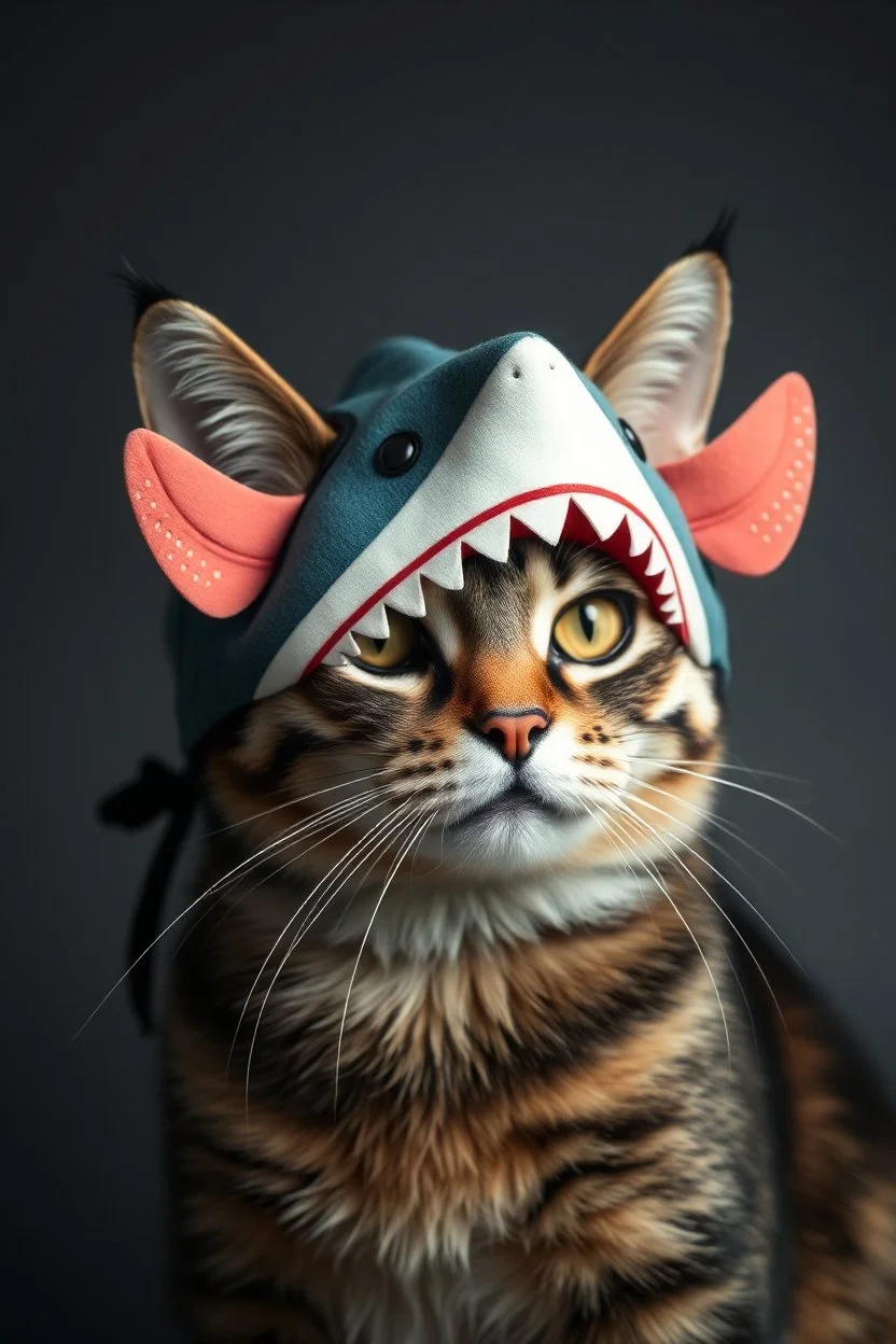 cat with shark mask in the style of japanese shepard fairy