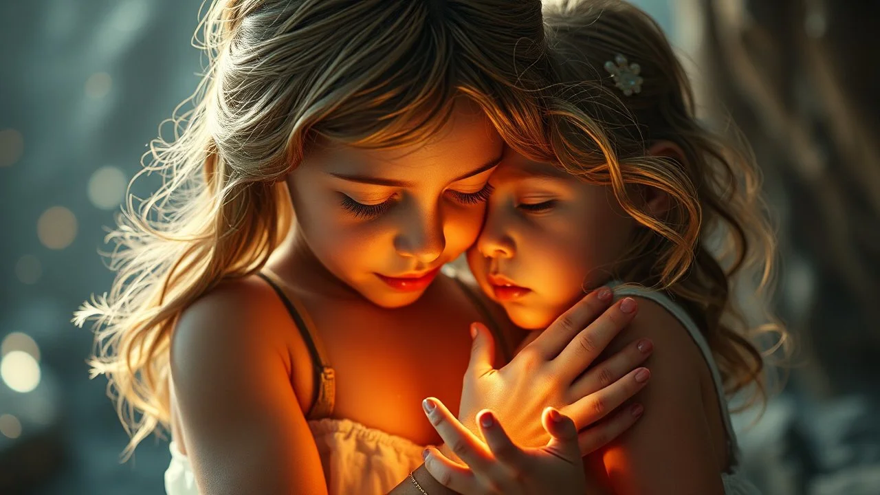 Beautiful "Brave New World", children, devotion, love, companionship, tenderness, exquisite composition, beauty, magic, fantasy, close foreground detail, beautiful intricate insanely detailed octane render, 16k artistic photography, photorealistic concept art, soft natural volumetric cinematic perfect light, chiaroscuro, award-winning photograph, masterpiece