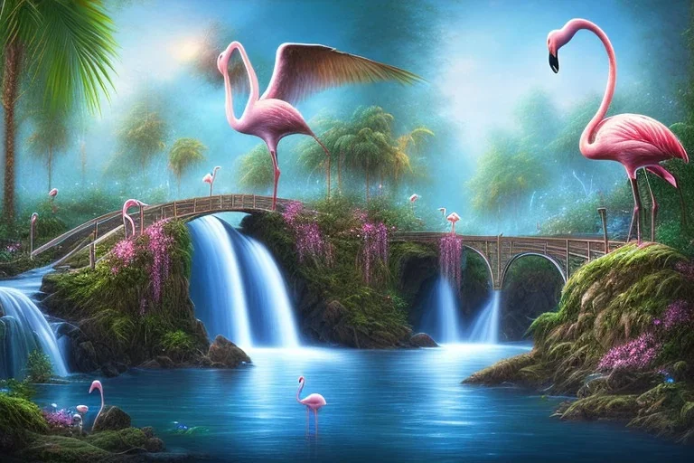 island waterfall palms twigs spring bridge birds flamingos