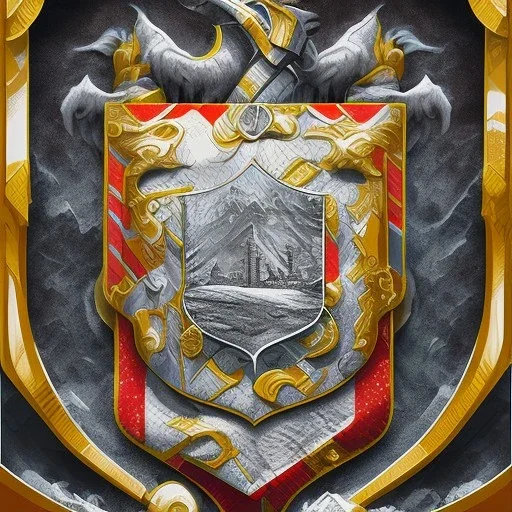 coat of arms of a city in the moutains, rocks and fire, very detailed