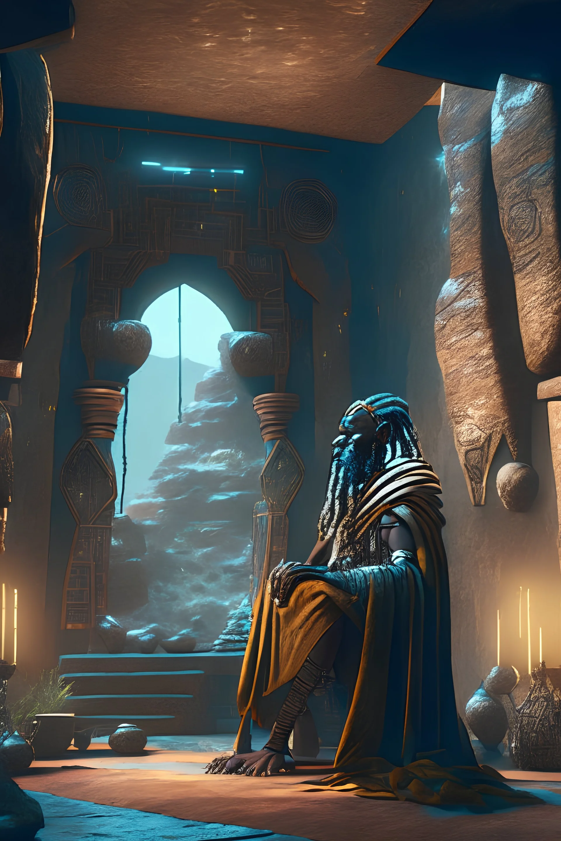 an ancient ethiopian king inside a home built in a huge rock in ethiopia , windows, doors, porches, awnings, middle of SPACE, cyberpunk lights, Hyper Detail, 8K, HD, Octane Rendering, Unreal Engine, V-Ray, full hd -- s5000 --uplight --q 3 --stop 80--w --ar 1:3, by małgorzata kmieczyk and LeCouffeDeCouffeDeharme, dramatic lighting, high contrast colors, baroque, empyrean, panoramic view, as trending on Artstation, highly detailed, doom engine,