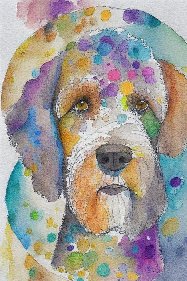 abstract watercolour of the head of bernadoodle dog in the style of paul klee with circles of colour and pencil outlines