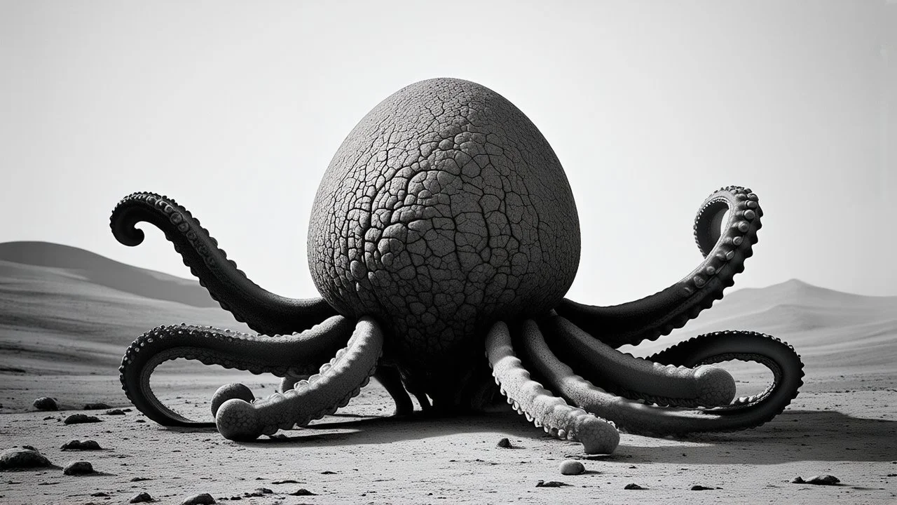 This is a black and white photograph featuring a surreal, abstract scene. The central subject is an octopus-like creature with an egg-shaped body, resembling a smooth, rounded shell. It has eight long, spindly legs, each ending in a cluster of smaller, bulbous appendages. The texture of the creature's body and legs is rough and uneven, giving it a somewhat organic yet alien appearance. The background is a barren, rocky landscape with faint, misty hills or mountains in the distance, creating a se