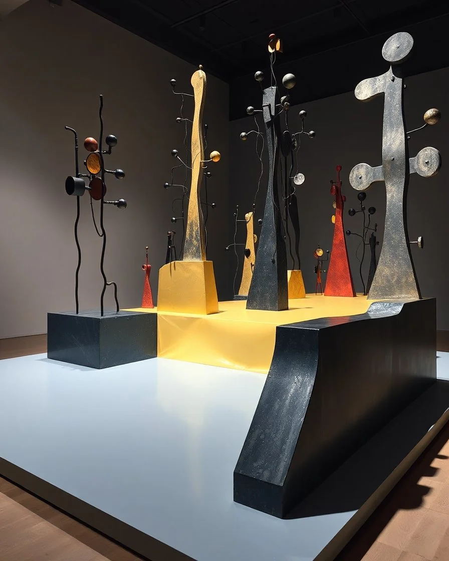 Fotografia di una installazione, superficie piatta di colore azzurro chiaro e giallo pastello, su cui si ergono enormi surreali strutture di forma astratta e surreale, di metallo, di colori vari, forti contrasti. Buio. Joan Miró odd style. Strong 3d deep field. Oscurità, paranoic, obsessive, homologic, phobic, nightmare, notte, glossy, hasselblad h6d400c --ar 85:128 --v 6.