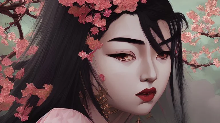 Japanese Geisha, illustration, digital art ,Vintage, Gothic, God Rays, vibrant colours, stylish ,Dark and Gorgeous art , GOD LIGHTING, Eiko Ishioka costume designer,, 32Κ, macro realistic,macro, sunbeams,beautiful, insanely detailed, cherryblossom zen garden, manga,anime,