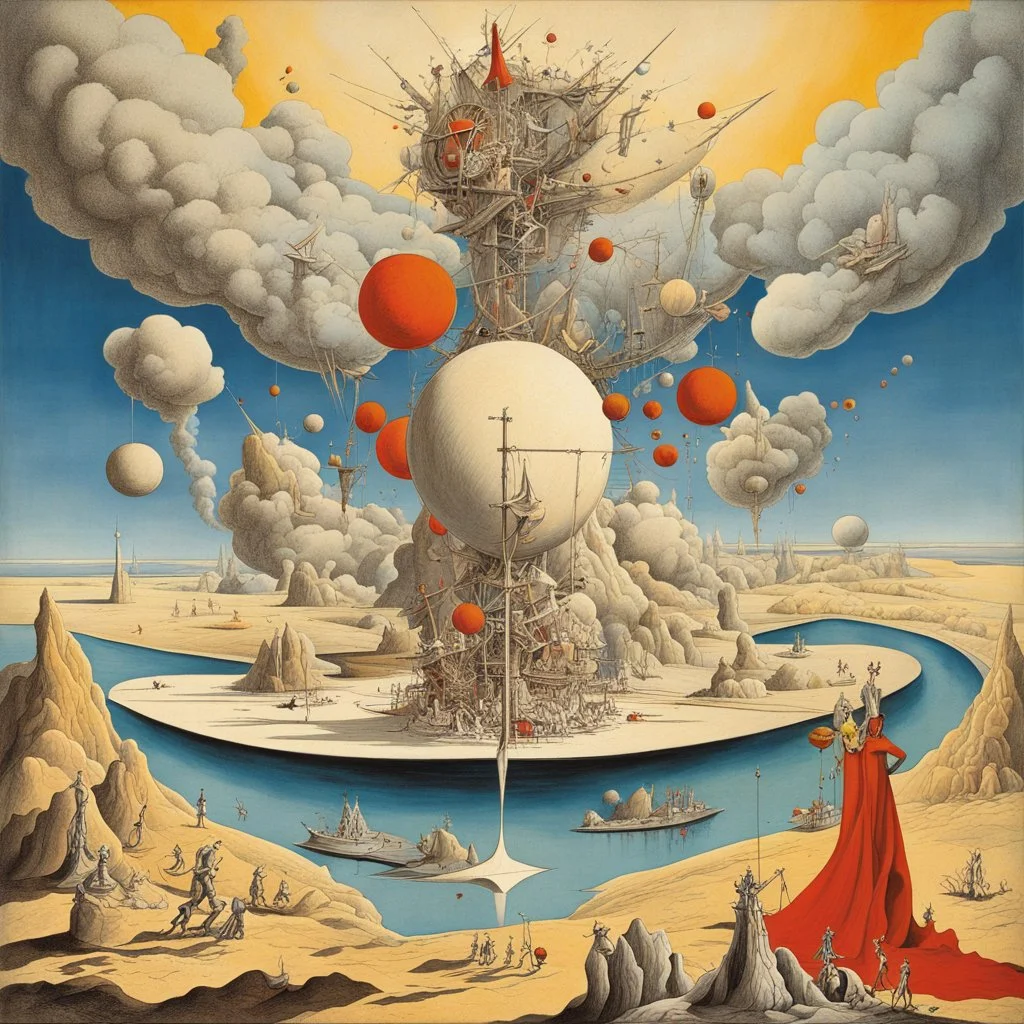 Visions sweep away the tears and knots that bound our paper souls, Beyond strange love we shall go, expansive art, surreal art, by Yves Tanguy, colorful, cel-shading, album cover art graphics by George Hardie.