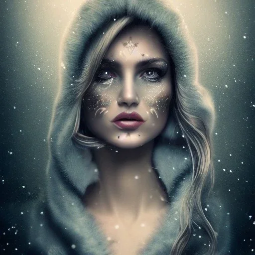 "perfect woman, full face tattoo of stars and snow extending past face and morphing into reality, 8k resolution, high-quality, fine-detail, muted colors, intricate, digital art, detailed matte, volumetric lighting, illustration, octane render