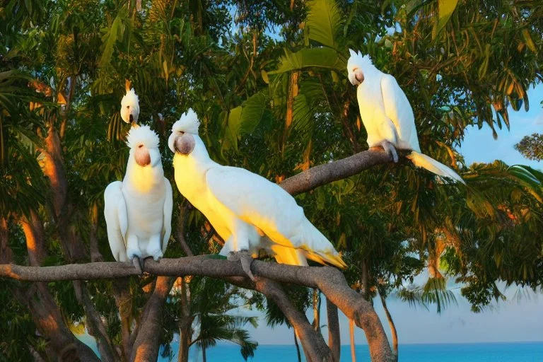 cockatoos, tropical paradise island, sunset