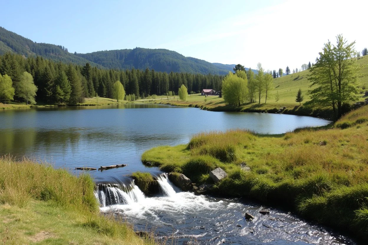 country side with a small lake and a pretty fall that comes out of a river to lake