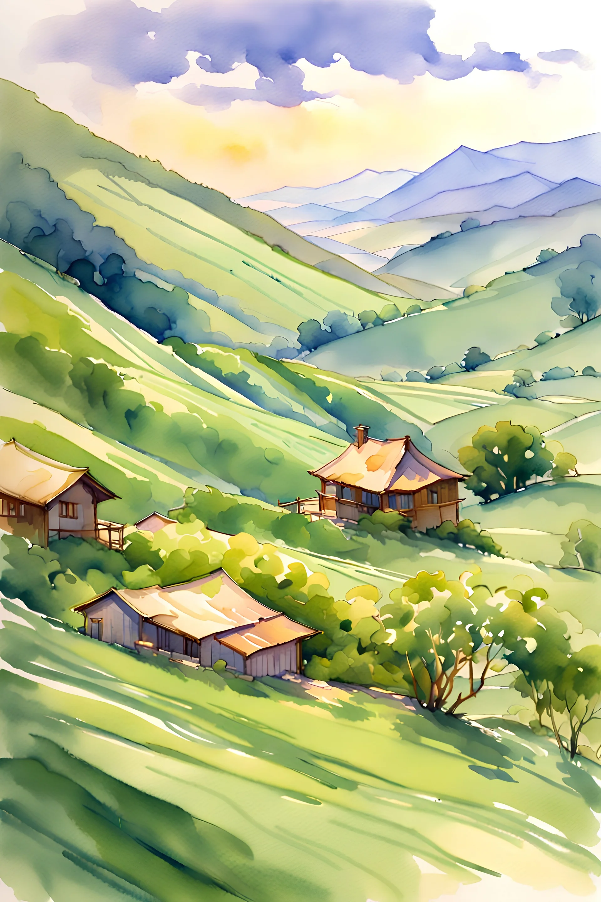 green tea plantain hills, beautiful view, morning light, watercolor painting , pen line sketch and watercolor painting ,Inspired by the works of Daniel F. Gerhartz, with a fine art aesthetic and a highly detailed, realistic style