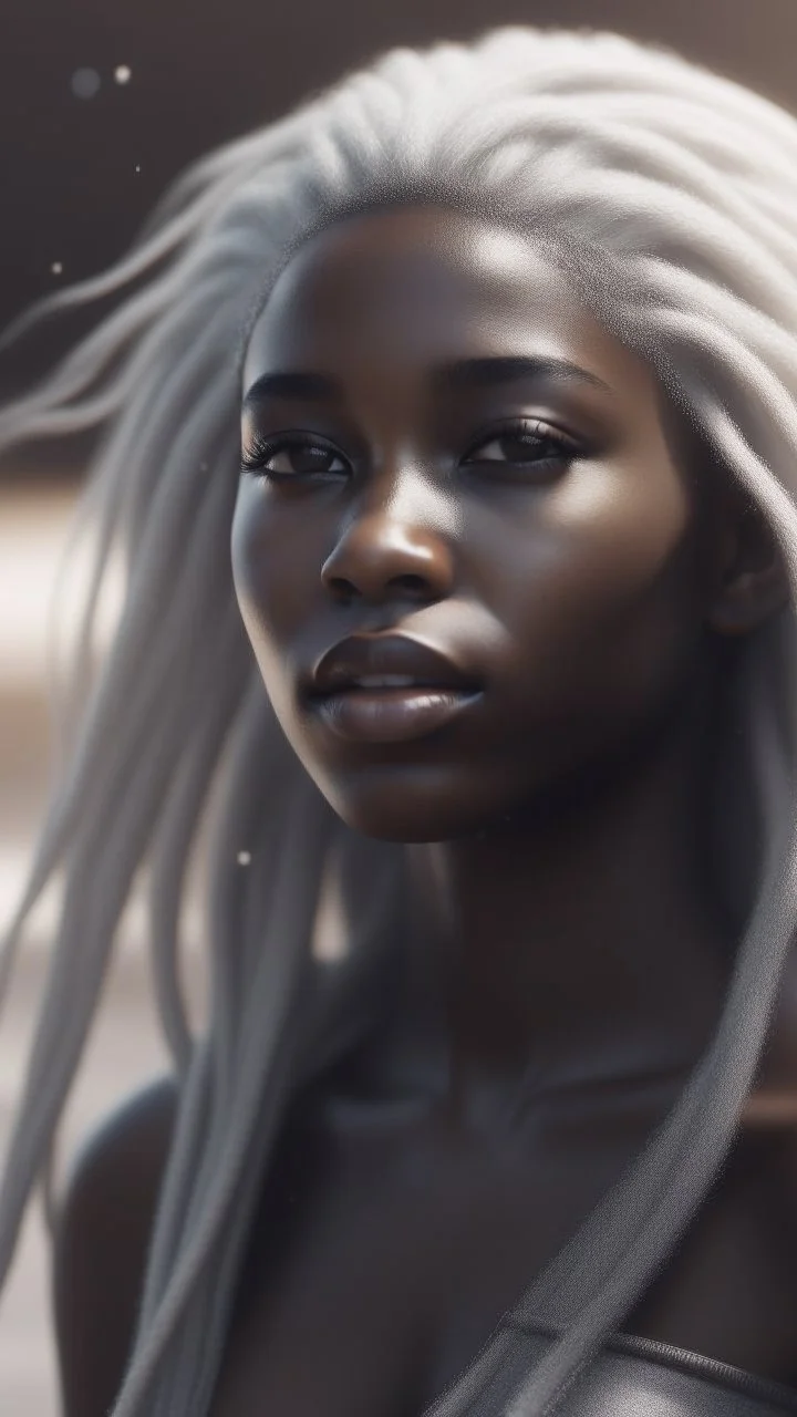 A hyper realistic photo of: Some forgotten realms strong dark skinned draw a beautiful girl with long white hair wades into a strongly dark grey colour emitting magically radiating and bubbling color pool in an endless windswept level landscape of only sand and grit. photorealistic, bokeh, masterpiece, smooth shading, ultra detailed, high resolution, cinematic, unreal 6, subtle shadows, octane render, 8k, cinema 4d, HDR, dust effect, vivid colors, thin line draw