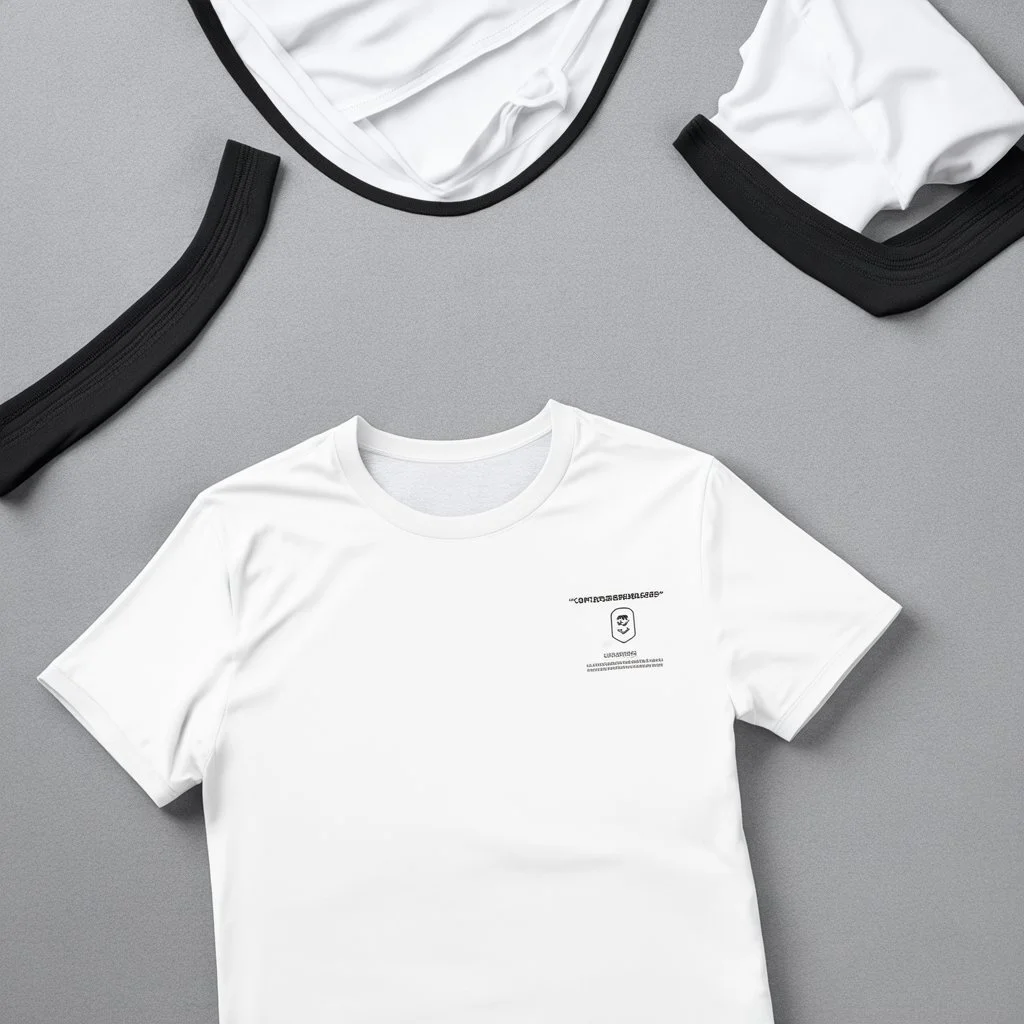 Folded traning T-shirt, top view, flat lay, realistic, male active wear, black breathable material, short sleeves round neck