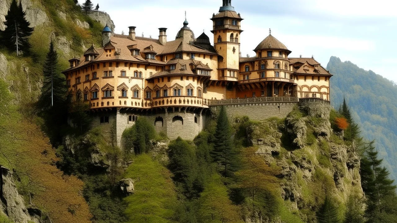 A brownish bronze chateau on a mountain designed in cave paintings painted by Pieter Bruegel the Elder