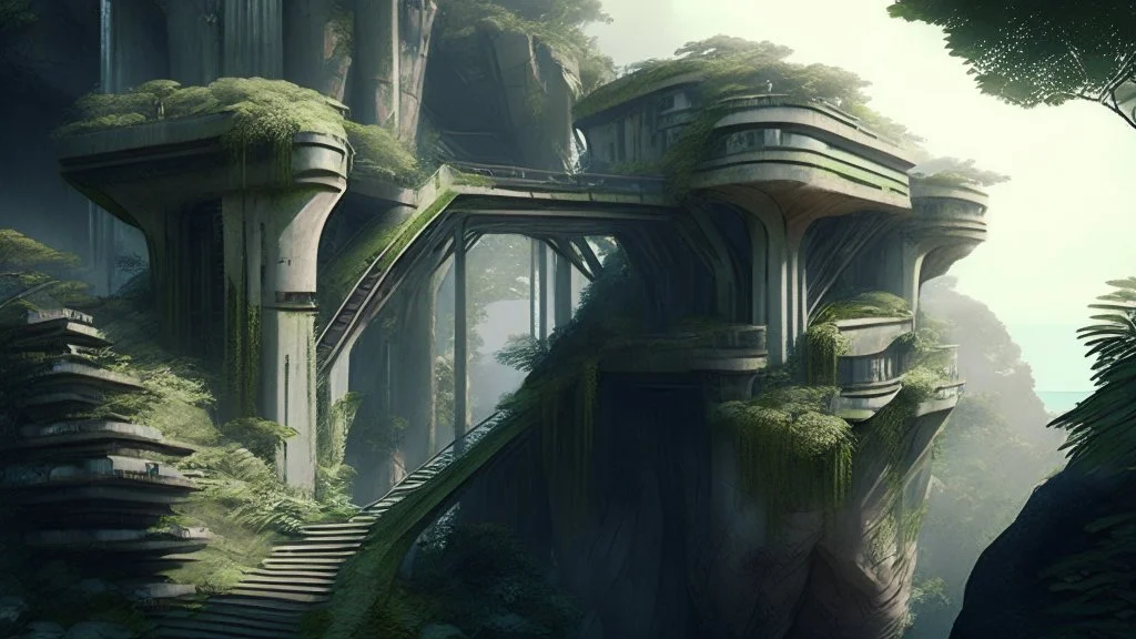 Alien Buildings On A Cliff Side With Trees, Bridges, Stairs, Rampant Foliage, Photorealistic