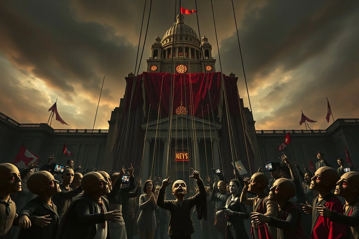 a cruelly oppressive government towers above, pulling the strings of puppets below, the news media broadcasting the puppets' suffering everywhere, dystopian, dread, horror