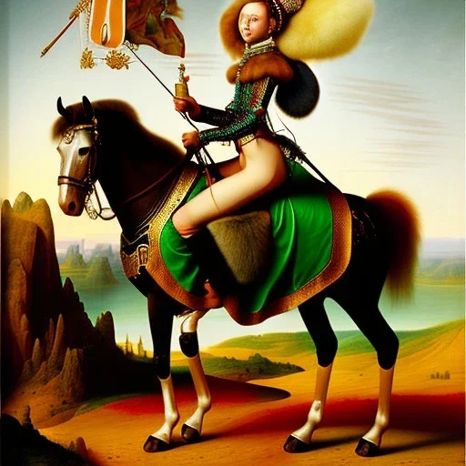 fullbody portrait of beautiful booty busty with big green eyes woman riding a horse by JAN VAN EYCK 8k