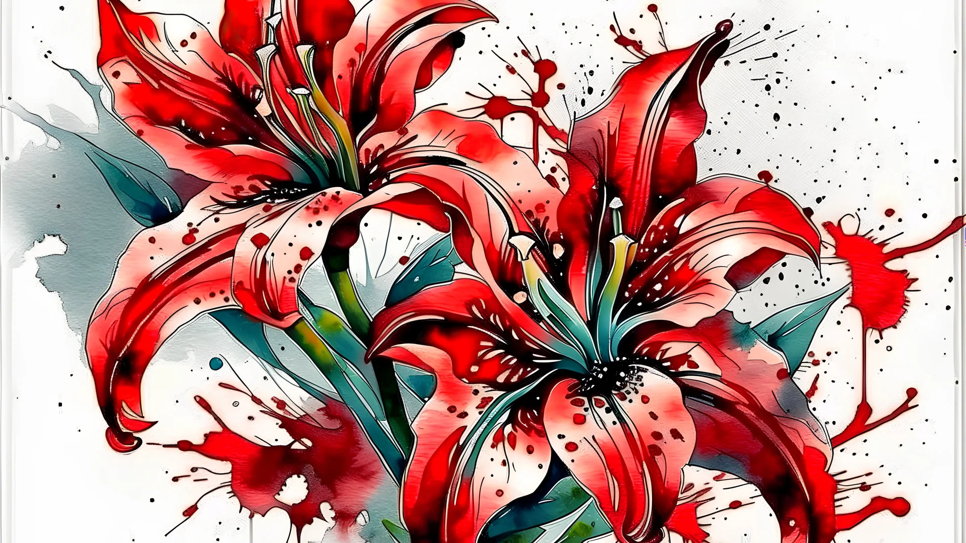 lilies ,watercolor, tattoo, red color, gritty, graphic style