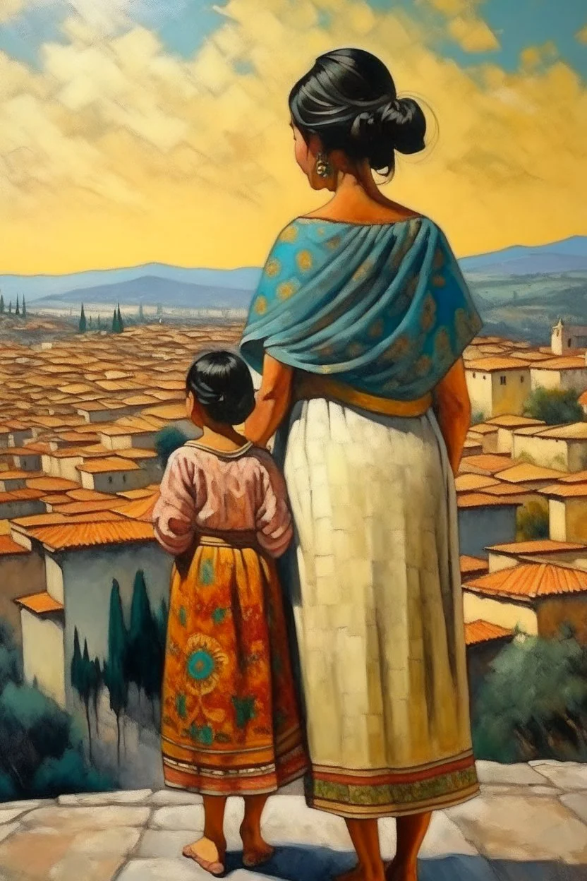 2 mexican woman painting neoclassism standing from the back whole body zoom out looking at a traditional mexican city with child