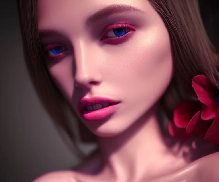 Realistic detailed perfect face portrait of a insane young beautiful top model woman in short open dress. Sensual, volumetric lighting, Unreal Engine 5, 3D Animation Quality, Octane Rendering. A masterpiece. There are water, flowers, vivid colors.