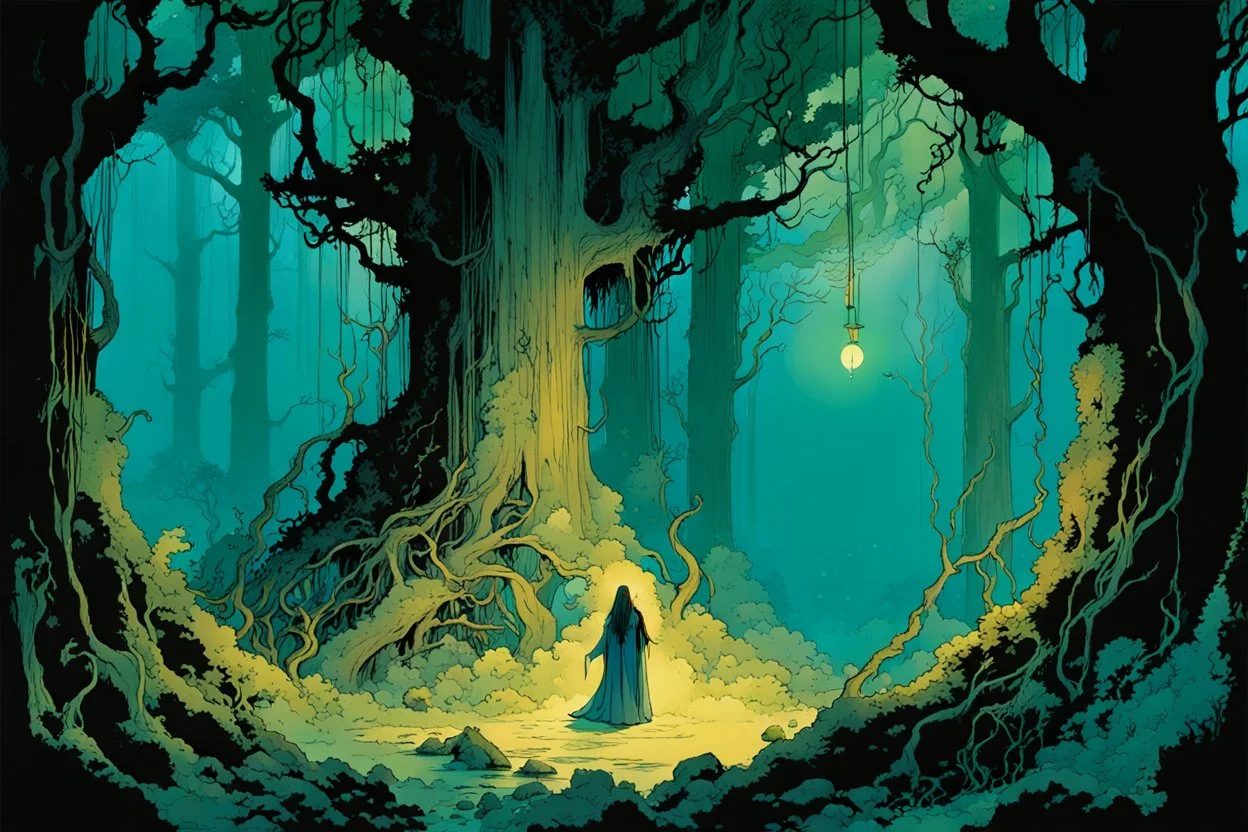 create a wildly conceptual illustration of sorceress coven gathering in an ethereal, otherworldly , darkened, ancient forest draped in hanging moss and climbing vines, in the comic book art style of Bill Sienkiewicz, Mike Mignola, Sparth, and Jean Giraud Moebius, finely drawn, colored and inked, suffused with dramatic natural light and shadow under a midnight blue moon