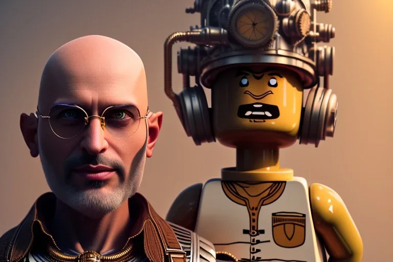 portrait of a bald and shaved Atul Bhardwaj building lego, steampunk, brown eyes, no facial hair, steampunk, unreal 5, octane render, cinema4d, dynamic lighting, soft lighting, 4k, redshift render, highly detailed, hyper realistic