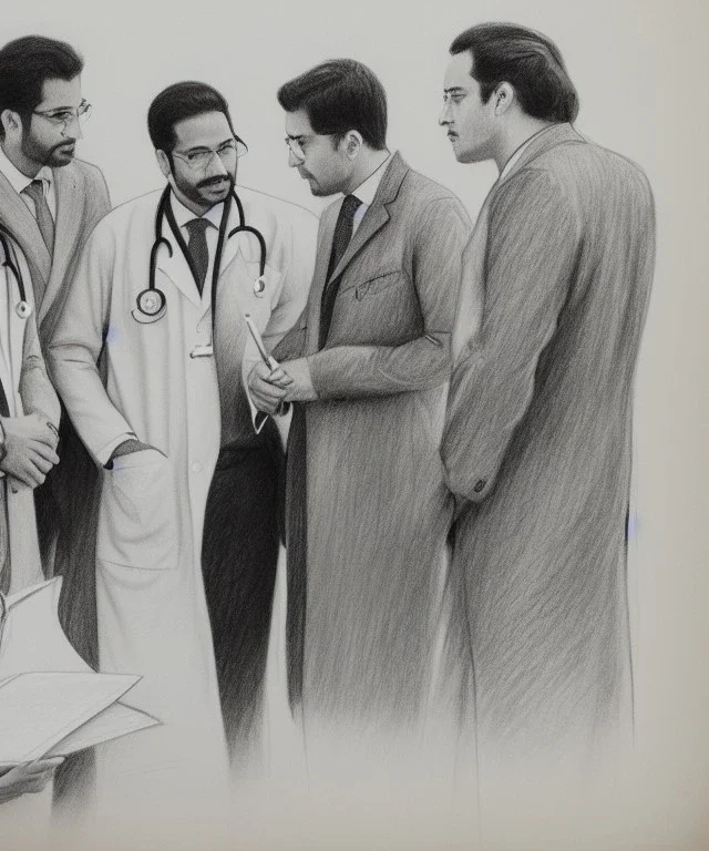 Pencil sketch of Four doctors are discussing ، on lined paper