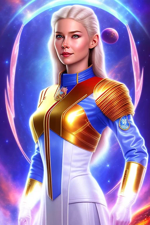 cosmic young woman admiral from the future, one fine whole face, large cosmic forehead, crystalline skin, expressive blue eyes, blue hair, smiling lips, very nice smile, costume pleiadian, rainbow ufo, Beautiful tall woman pleiadian Galactic commander, ship, perfect datailed golden galactic suit, high rank, long blond hair