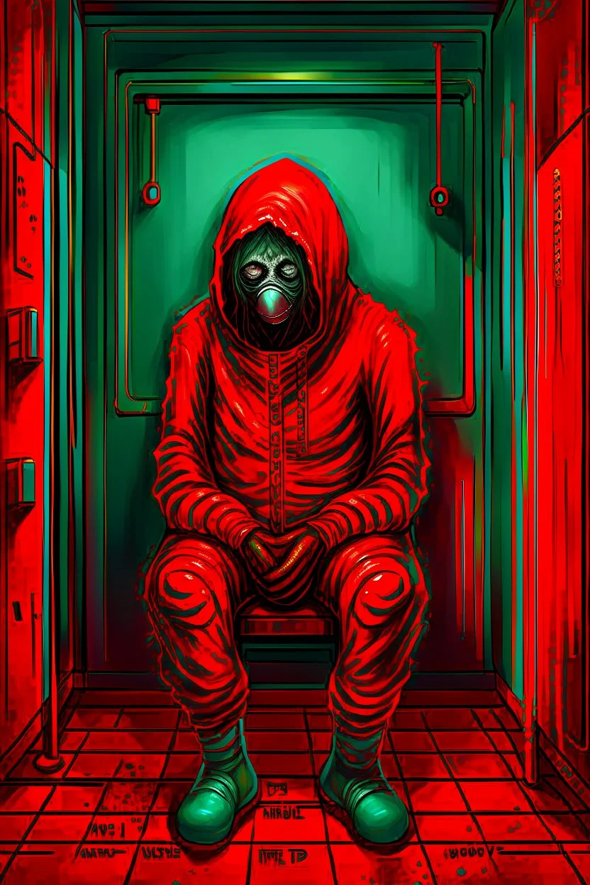 A scary gothic person sits quietly in the middle of a soundproof, padded room conveying intense dramatic emotions in a muted environment, wearing a bright red straitjacket , a mask to cover the mouth area of cannibal evil scary, dark and gothic look, cold eyes, eary ultra detailed,.32k, digital art style with messy paint, hardened sealer appearance, impasto, dramatic Arial view with explosive chaotic background