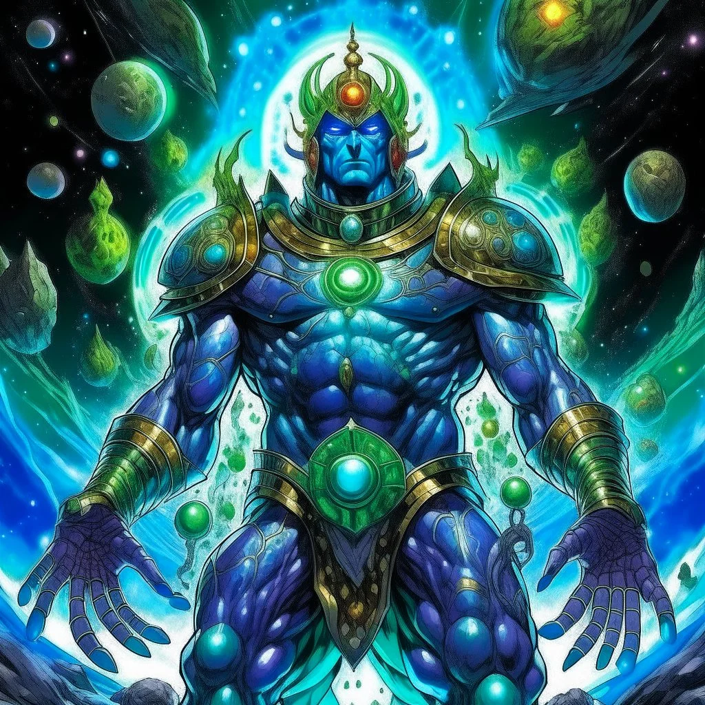 A divine being made from the combination of water and sun with cosmic powers and Dracula God-like man with infinite power who owns the galaxies and wears a beautiful crown A battle suit made of galaxies and stars with a glove that has seven endless stones with a mighty army behind him with hulk body