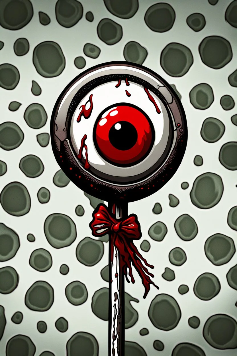 Cartoon bloody eyeball lollipop. illustration, 90s airbrush style, manga inspired, horror art, junji ito , exaggerated