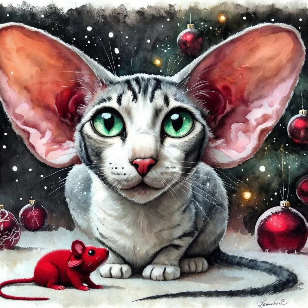 Surreal mixed-media combining wet watercolor, tempera paint, and fine line pen drawing of a wedge shaped face, large ears, green eyed, blue and white mackerel tabby, Oriental Shorthair and a chocolate point Siamese cat sitting together on a blanket with toy red mouse and at xmas time