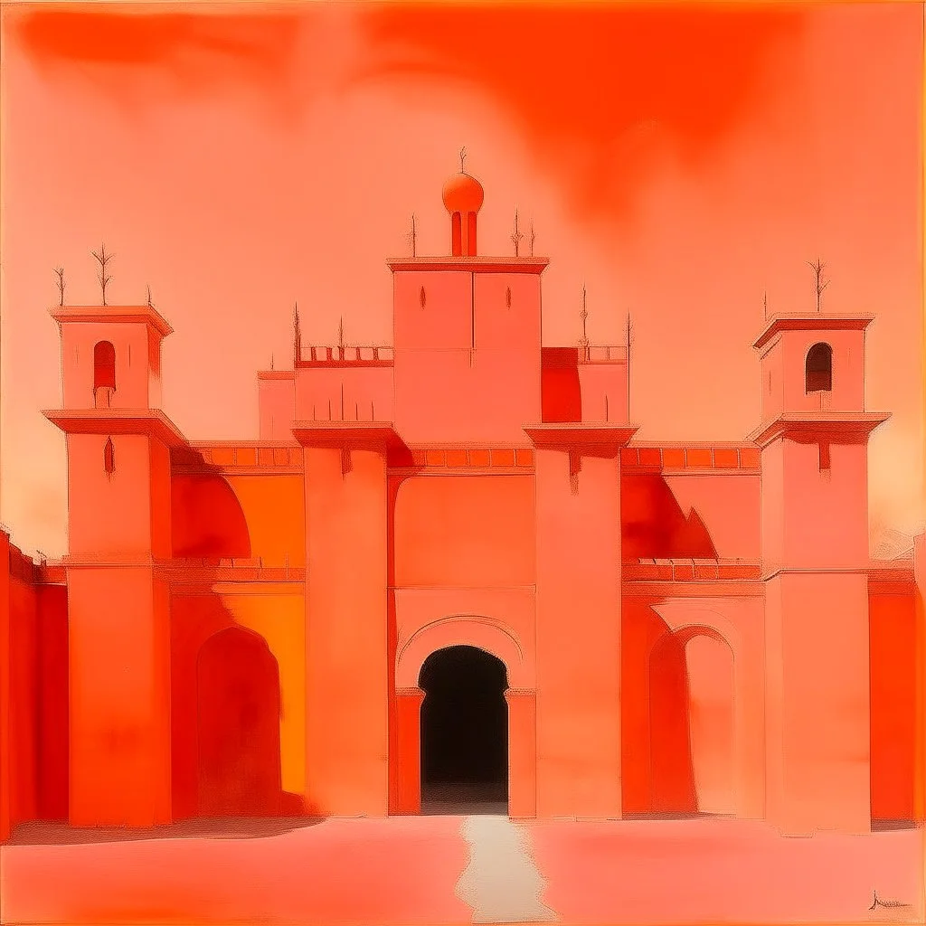 A light rosy orange colored fortress with swords painted by Mark Rothko