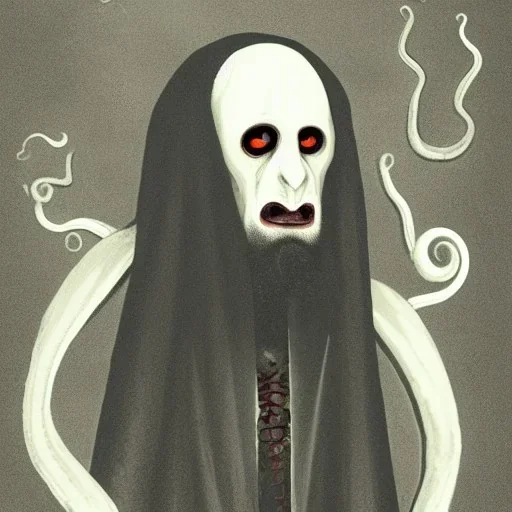 Nosferatu with white skin and a beard made of tentacles as a Russian Orthodox vampire with yellow eyes and vampire fangs