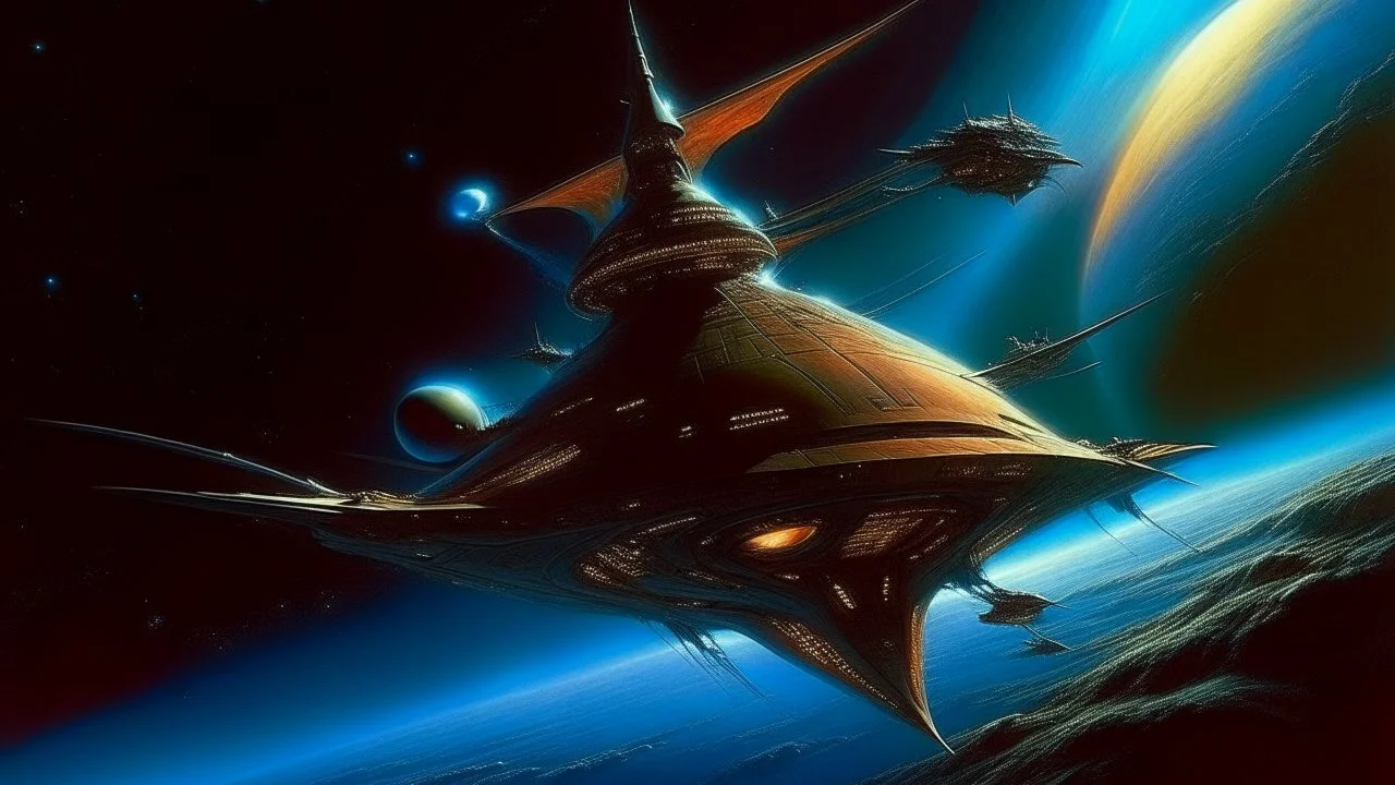 "Envision a space fighter, inspired by the surrealistic whimsy and intricate detail of Rodney Matthews' artwork. Amid the cosmos shimmering with alien hues, the warrior navigates among the starlit void, cloaked in a spacecraft as unpredictable and vivid as a dream. It is a paradox of delicate fantasy and formidable technology, its silhouette pulsing with extraordinary power yet draped with cosmic elegance. Capture this enigma, this tamer of untamed galaxies, through the prism of Matthews'