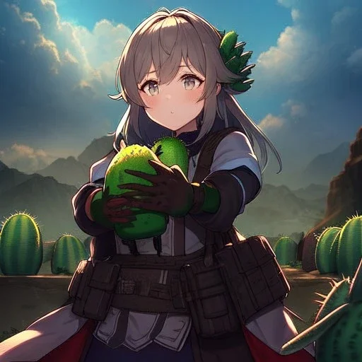 anime real life like cactus in the desert in arizona, grand canyon,anime, storm clouds in the background, prickly cactus.gloves