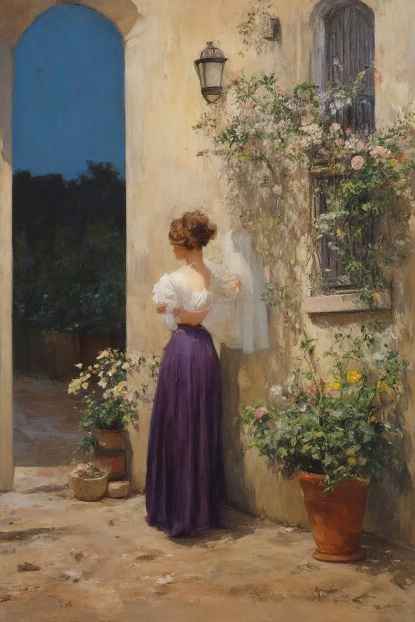 Night, one woman, house, vegetations, flowers, dirt, alfred stevens, and anna boch paintings