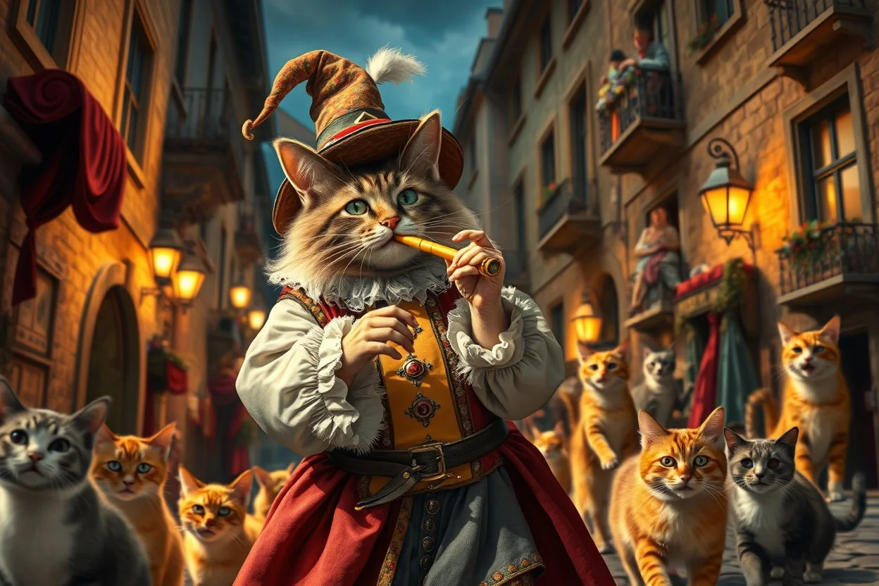 create "The Cat Pied Piper of Hamelin, whimsical and colorful Renaissance attire, playing a golden flute, leading playful and mischievous cats through vibrant, cobbled Renaissance streets, people on balconies laughing and pointing, surreal lighting, dreamlike vibe, highly detailed, vivid colors, painterly style, 8K, magical realism meets historical fiction --v 7 --ar 4:3 --style raw --q 2"